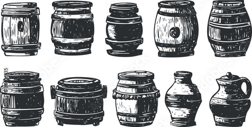 A collection of hand-drawn barrels and vessels showcasing vintage design for storage and decoration..