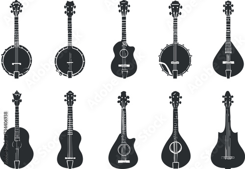 Collection of various string instruments including banjos guitars and mandolins in black silhouette style..