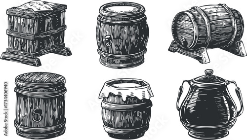 A collection of vintage wooden barrels and containers showcasing rustic craftsmanship and storage solutions..