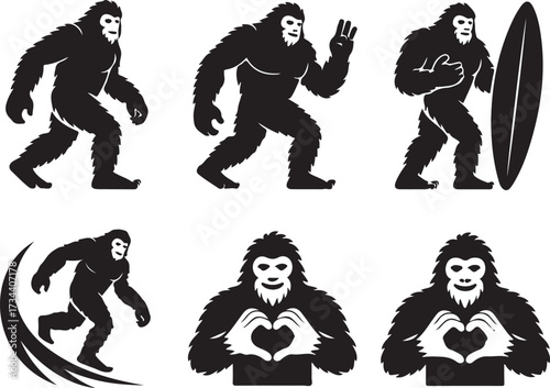 Bigfoot Silhouette Walking in Forest Cryptid Vector Illustration.