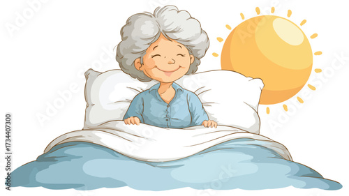 Joyful Elderly Woman Embracing Sunlight in Cozy Bed Cartoon Illustration