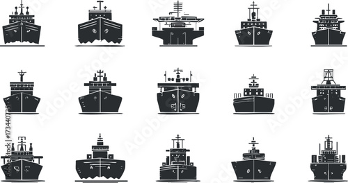 A collection of various ship silhouettes showcasing different types of vessels in a maritime theme..