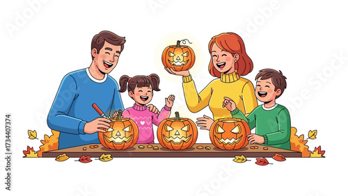 Happy Halloween: A vibrant illustration depicts a cheerful family carving pumpkins together, embracing the festive spirit of Halloween with shared joy and creativity.