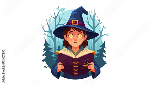 Enchanting Witch Reading Spellbook: A young witch engrossed in a spellbook, her eyes aglow, in a magical woodland setting, evoking a sense of enchantment and mystery.