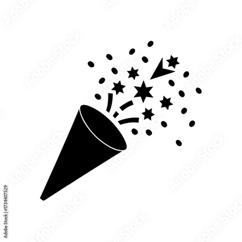 a black party popper with confetti exploding silhouette