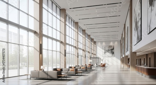 Quadro su tela Bright Modern Hotel Lobby Interior with Lounge Area and Large Windows