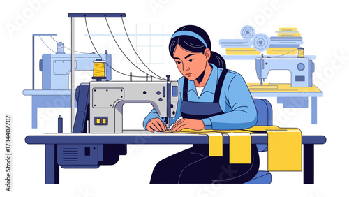 Crafting Textiles: A skilled craftsperson meticulously works at a sewing machine, crafting textiles with precision and care in a dynamic illustration. 