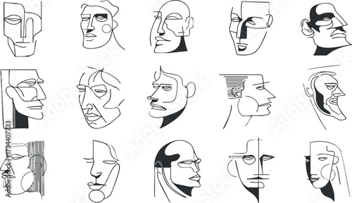 A collection of abstract line art portraits showcasing various facial expressions and styles..