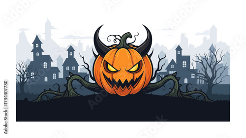 Spooky Halloween Pumpkin Carving: A menacing pumpkin with glowing eyes and ominous horns, against a backdrop of a creepy silhouette of a haunted town, embodying the spirit of Halloween.