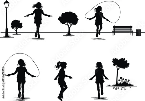 Silhouette of girls skipping rope, outdoor activity, children playing in park, healthy lifestyle, fitness, fun exercise, childhood joy