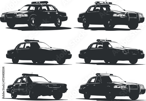 A collection of six black silhouettes of police cars in various angles and styles..