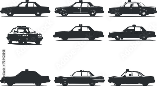 Silhouettes of different taxi cars in various angles showcasing urban transportation options..