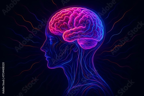 Detailed X-ray scan illustration of human brain anatomy, showing the skull, cerebellum, and neuron connections for health and science