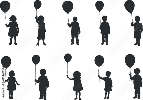 Silhouettes of children holding balloons, representing joy and playfulness in childhood..