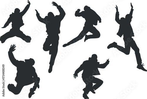 A collection of dynamic silhouettes depicting individuals in various jumping and dancing poses..