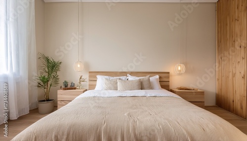 Wallpaper Mural a modern scandinavian bedroom interior design the room is painted in light beige colour there is a wooden bed with white bedding Torontodigital.ca