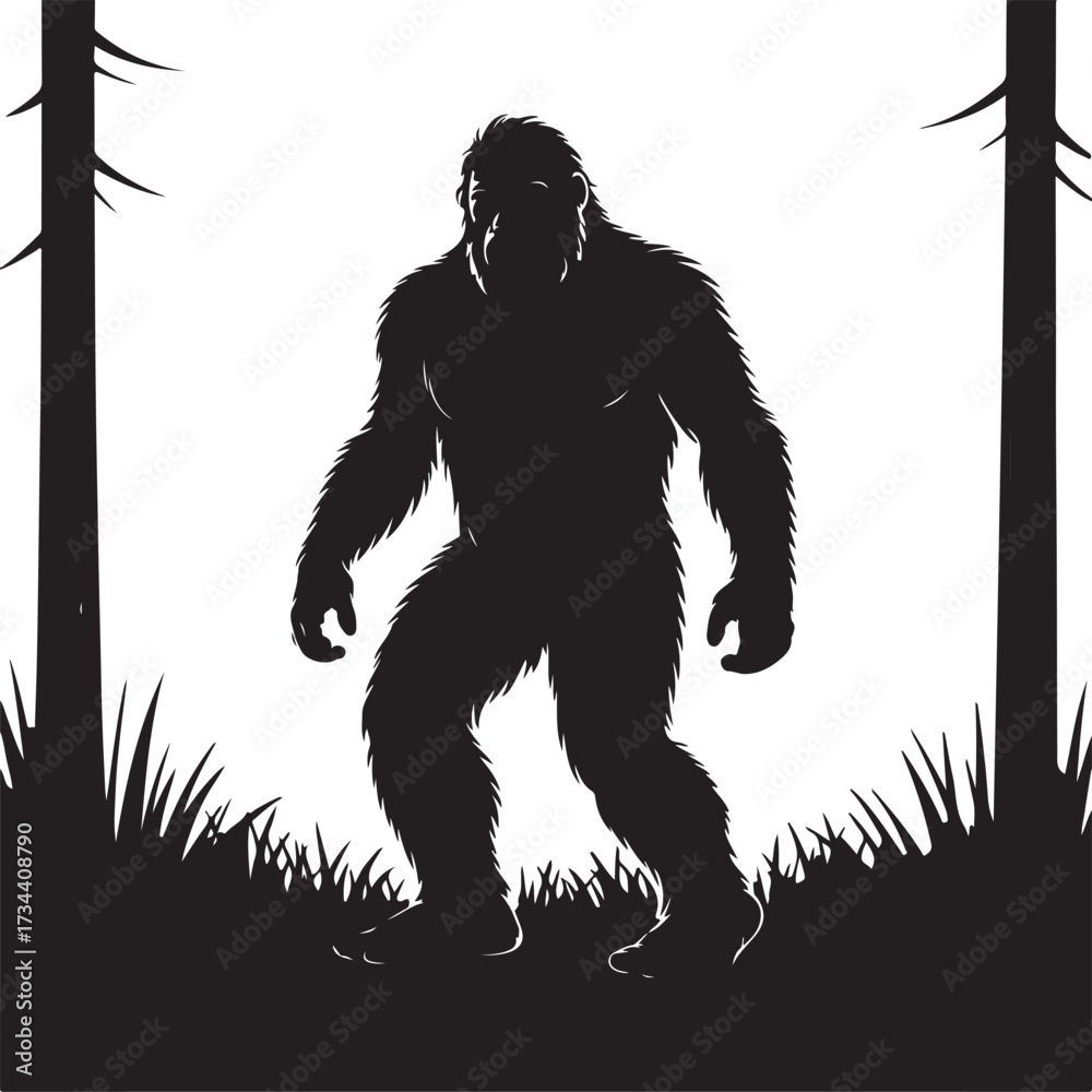 Fototapeta premium Bigfoot Silhouette Walking in Forest Cryptid Vector Illustration.