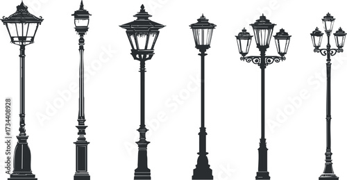 A collection of vintage street lamp silhouettes showcasing various elegant designs and styles..