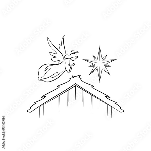 Angel with star above manger symbolizing concept of Christmas  