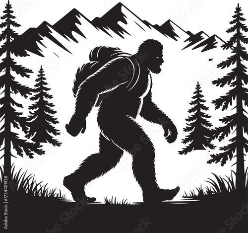 Bigfoot Silhouette Walking in Forest Cryptid Vector Illustration.