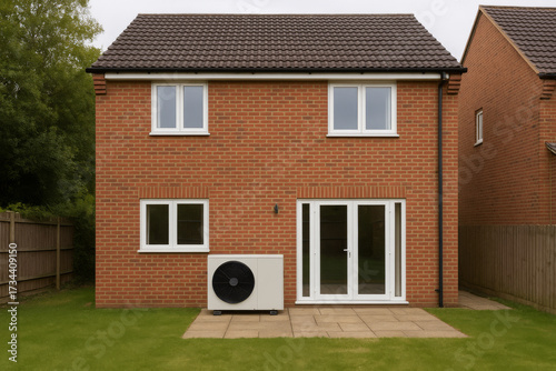 UK detached brick house with air source heat pump