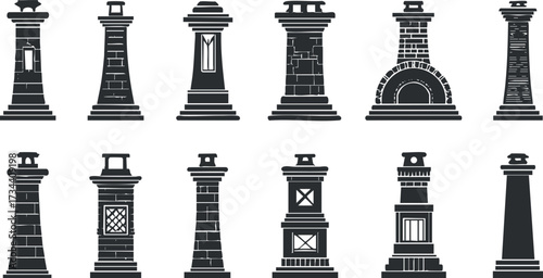 A collection of various chimney silhouettes showcasing unique architectural designs and styles..