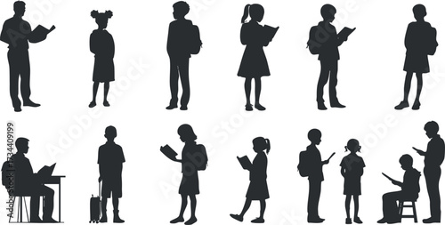 A collection of silhouettes depicting children and adults engaged in reading activities..