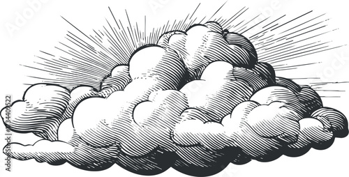 A detailed vintage illustration of a fluffy cloud with rays of light emanating from it..