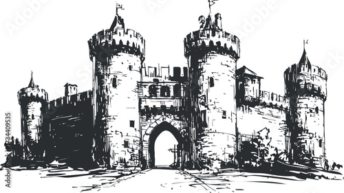 A detailed illustration of a medieval castle with towers and a large entrance gate..