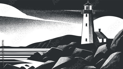 A serene black and white illustration of a lighthouse standing by the rocky shore at night..