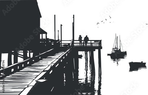 A serene silhouette of a pier with fishermen and boats against a calm water backdrop..