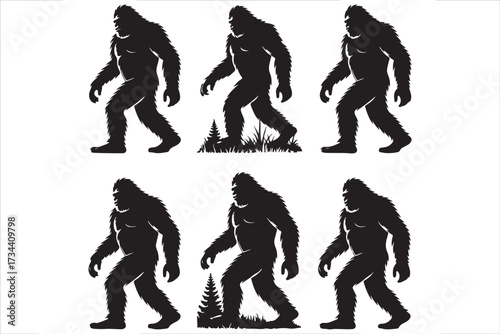 Bigfoot Silhouette Walking in Forest Cryptid Vector Illustration.