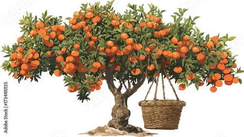Vibrant Orange Tree and Full Basket on White Background