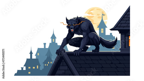 Night Watch: A formidable werewolf, poised atop a gothic building under the haunting gaze of a full moon, symbolizing the mysteries of the night. 
