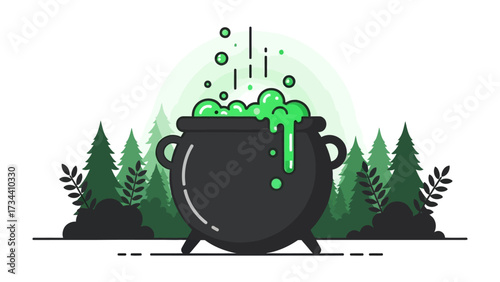 Enchanting Cauldron Brew: A mysterious potion boils and bubbles within a cauldron, releasing enchanting elements above a shadowy forest scene. The artwork captures the essence of magic and alchemy. 