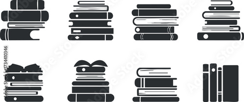A collection of various styles of stacked books in black and white illustration..