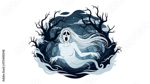 Ethereal Whispers of the Haunted: A spectral apparition of a woman, engulfed in an eerie, yet beautiful mist, is seen wandering the ominous depths of a dark forest.