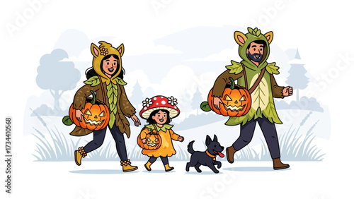 Halloween Family Fun: A family, dressed in charming nature-themed costumes, strolls with a dog through the festive autumn air.
