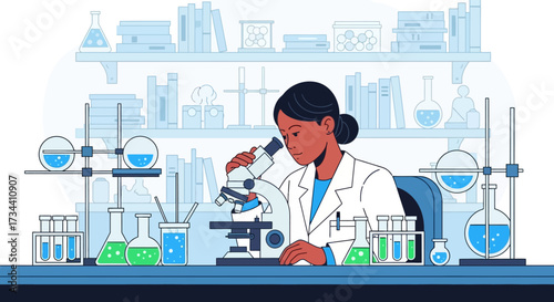A scientist in a lab coat examines a sample through a microscope with various lab equipment.