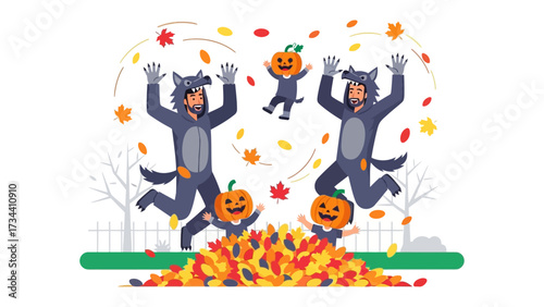 Autumn Joy: A Family's Festive Leap Amidst Leaves: Capture the warmth of the season with a family joyfully celebrating autumn by playfully jumping amidst a pile of vibrant fallen leaves.