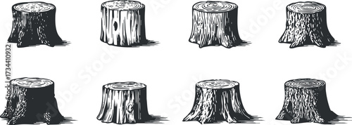 A collection of artistic tree stumps showcasing different sizes and textures in black and white..