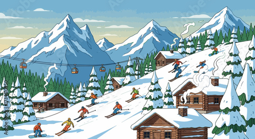 An illustration of a bustling ski resort village with people skiing and snowboarding down a snowy mountain slope.