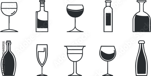 A collection of various drinkware including glasses and bottles in a minimalist style..