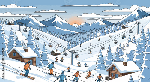 Winter ski resort scene with skiers, chairlifts, snow-covered trees, and mountain peaks under a sunny sky.
