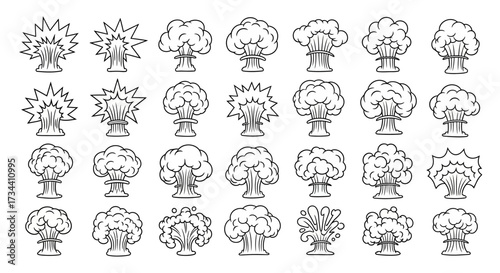 Collection of black and white line art explosion icons, featuring various mushroom clouds and starburst effects.