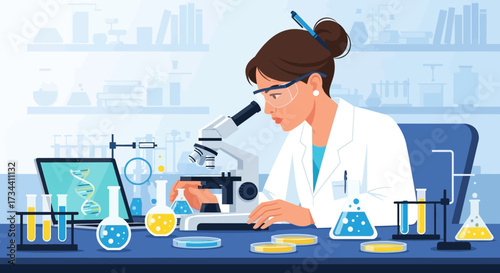 A scientist in a lab coat looking through a microscope, conducting research and experiments.