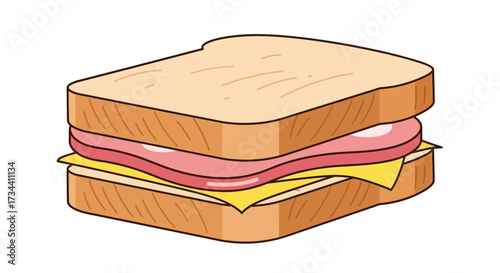 Illustration of a sandwich with ham and cheese on white bread.