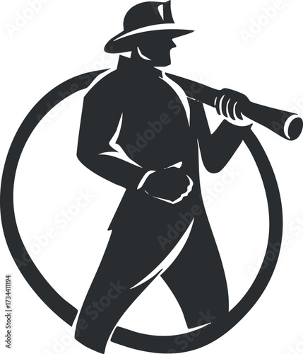 A silhouette of a firefighter holding a hose symbolizes bravery and emergency response..