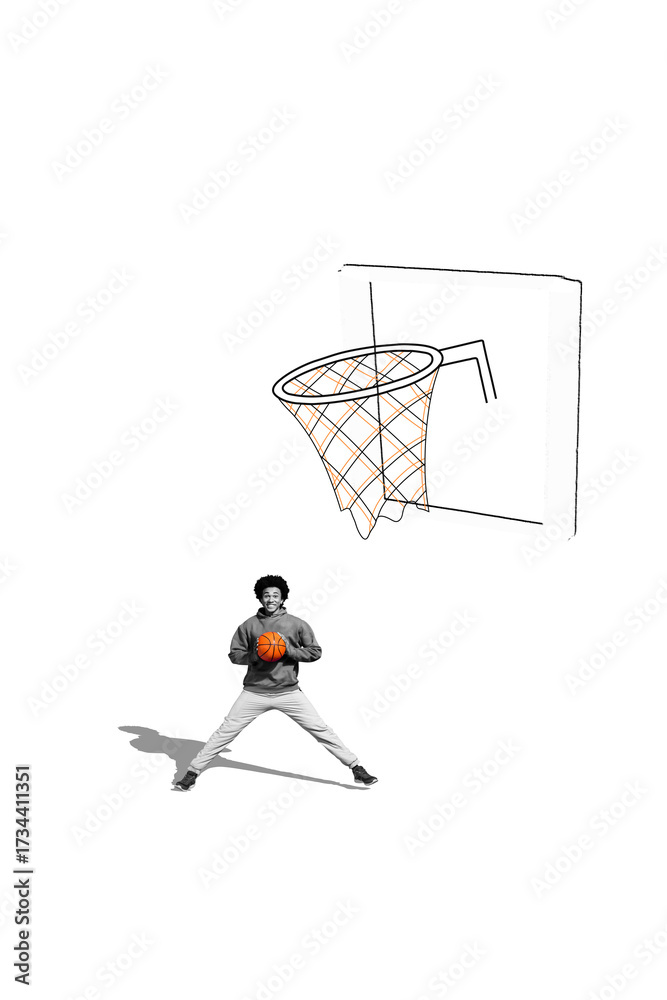 Fototapeta premium Vertical poster collage young man basketball player throw hit score tournament match competition practice training drawing background