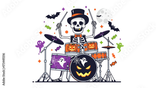 Spooky Drummer: A skeletal drummer, adorned in a top hat and bow tie, energetically plays a drum set decorated with Halloween motifs, setting a rhythmic tone for a night of festive frights.